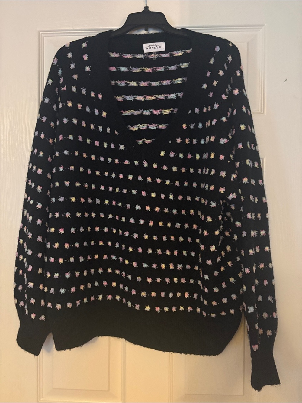 Wonder V-Neck Sweater in Black with Pastel Dot Pattern